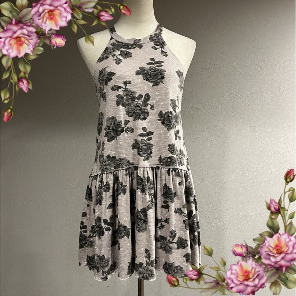 High neck halter sleeveless floral mini dress‎